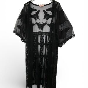 Expressions Black Sheer Kimono with Butterfly Motif